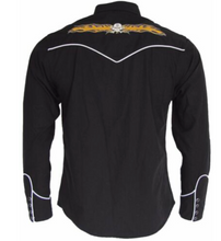Load image into Gallery viewer, Mens Black Cowboy Shirt Gold Flaming Skull • Redstar Rodeo
