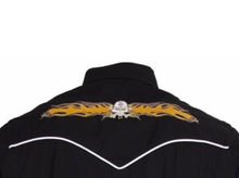 Load image into Gallery viewer, Mens Black Cowboy Shirt Gold Flaming Skull • Redstar Rodeo
