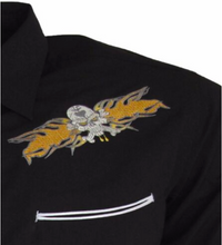 Load image into Gallery viewer, Mens Black Cowboy Shirt Gold Flaming Skull • Redstar Rodeo
