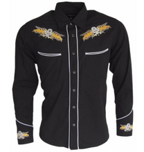 Load image into Gallery viewer, Mens Black Cowboy Shirt Gold Flaming Skull • Redstar Rodeo
