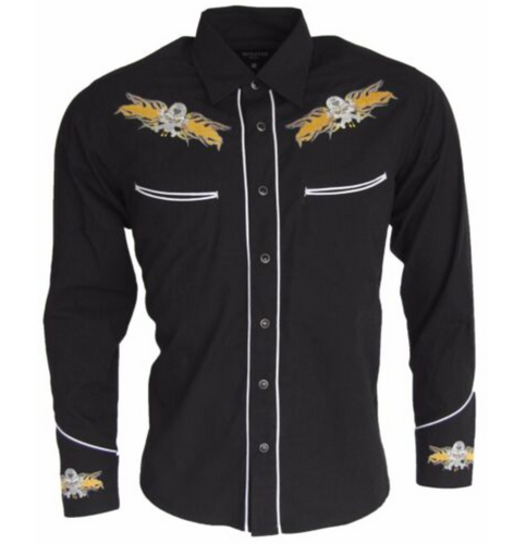 Mens Black Cowboy Shirt Gold Flaming Skull • Redstar Rodeo