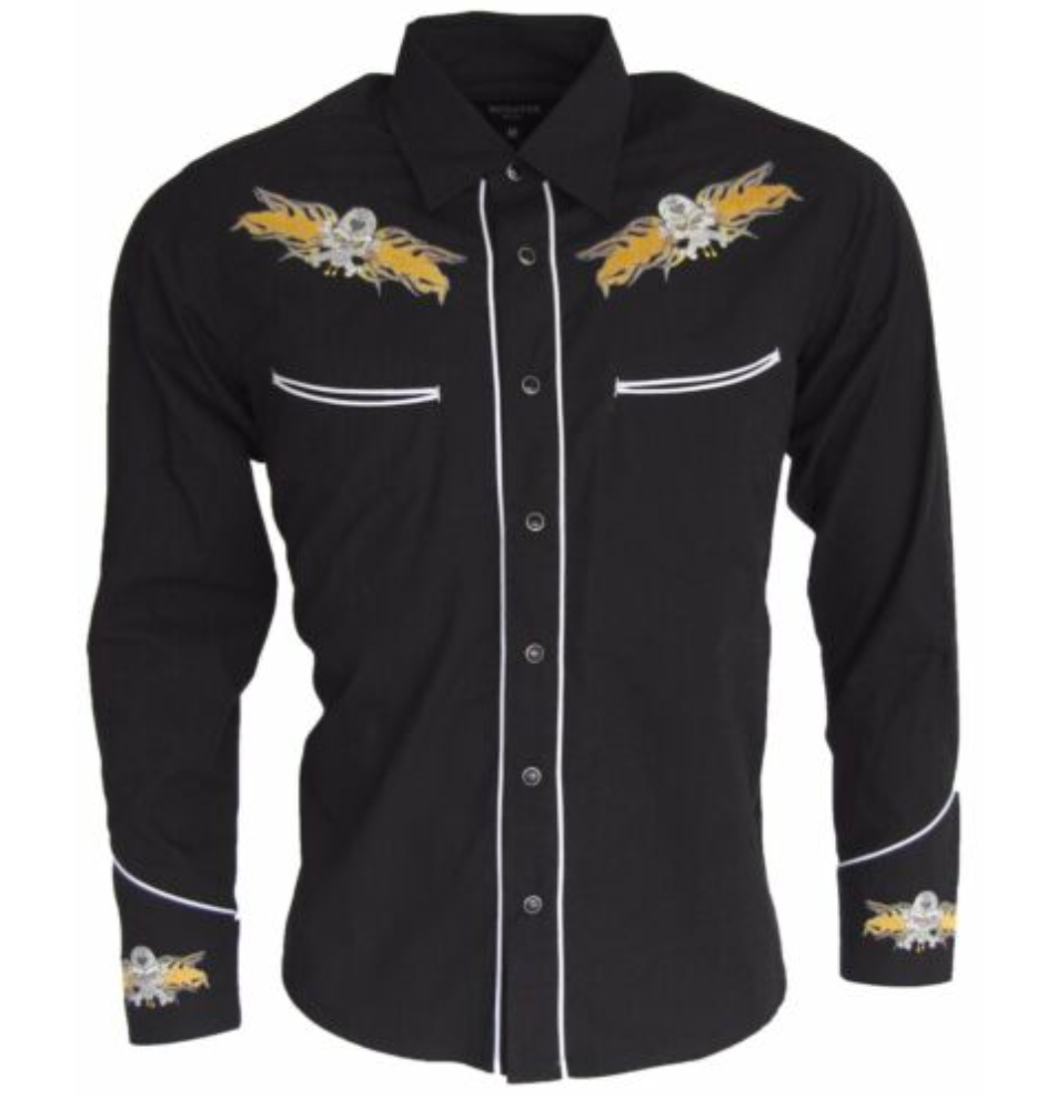 Mens Black Cowboy Shirt Gold Flaming Skull • Redstar Rodeo