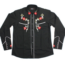 Load image into Gallery viewer, Mens Black Western Cowboy Shirt • Red Flowers • Redstar Rodeo
