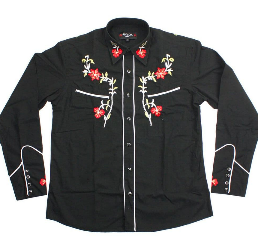 Mens Black Western Cowboy Shirt • Red Flowers • Redstar Rodeo