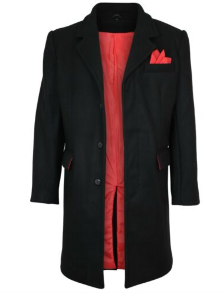 Mens Crombie Woolen Overcoat  • Black with Red lining