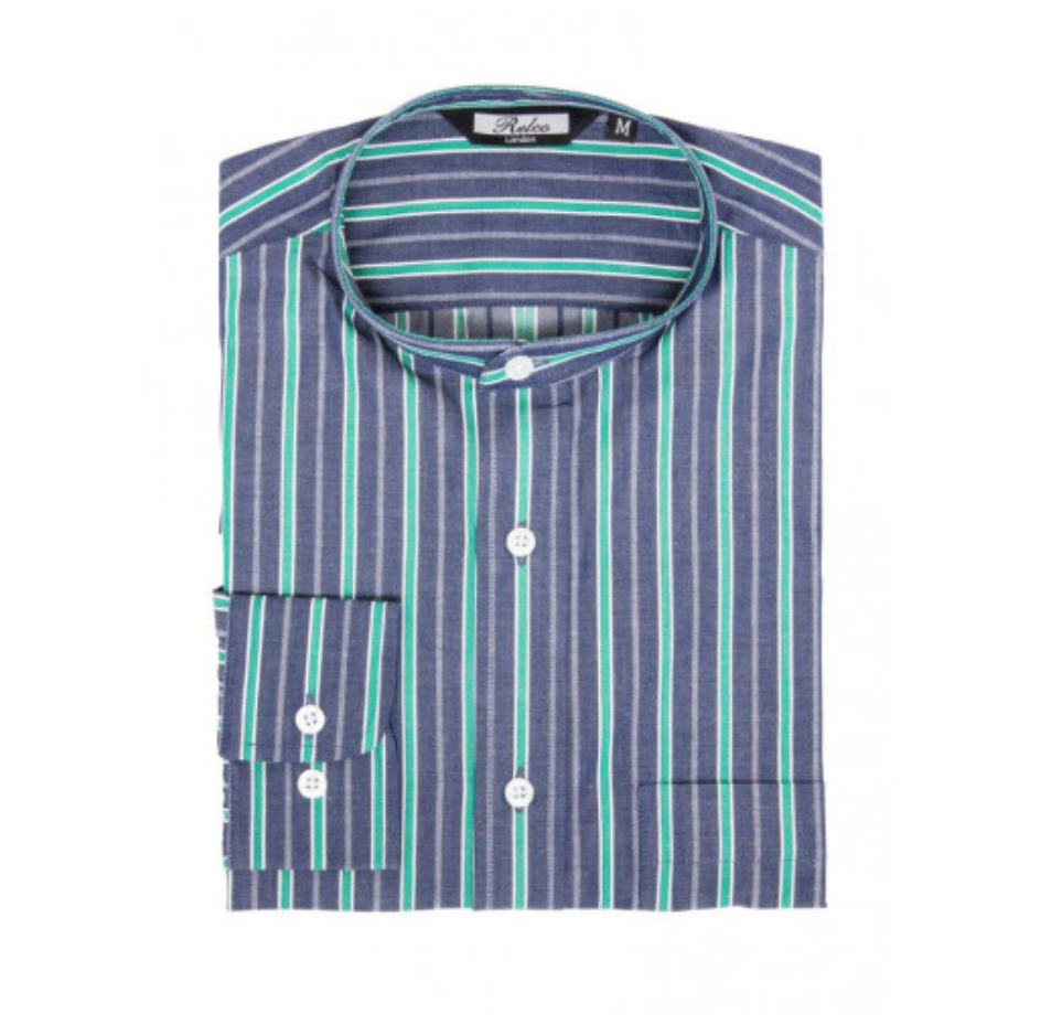 Mens Long Sleeve Shirt • blue stripe w/ grandad collar