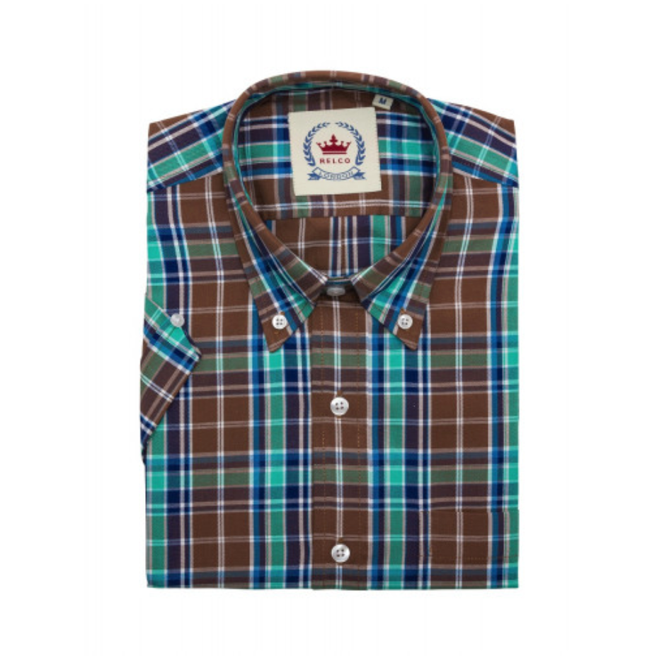 Mens Relco London short sleeve shirt • brown & turquoise check