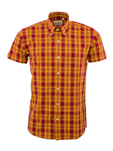 Load image into Gallery viewer, Men&#39;s Relco London Short Sleeve Shirt • Mustard &amp; Burgundy Checked
