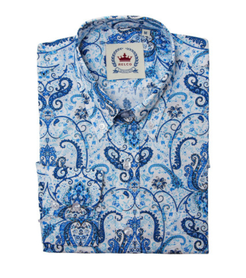 Men's Blue and White Paisley Shirt • Relco London